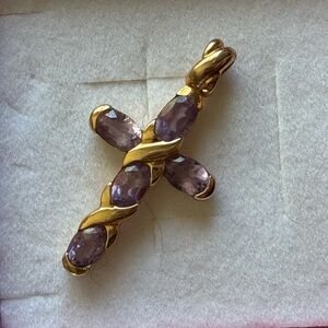 Gold Cross Necklace charm with Purple Gem Accents - Women Jewelry